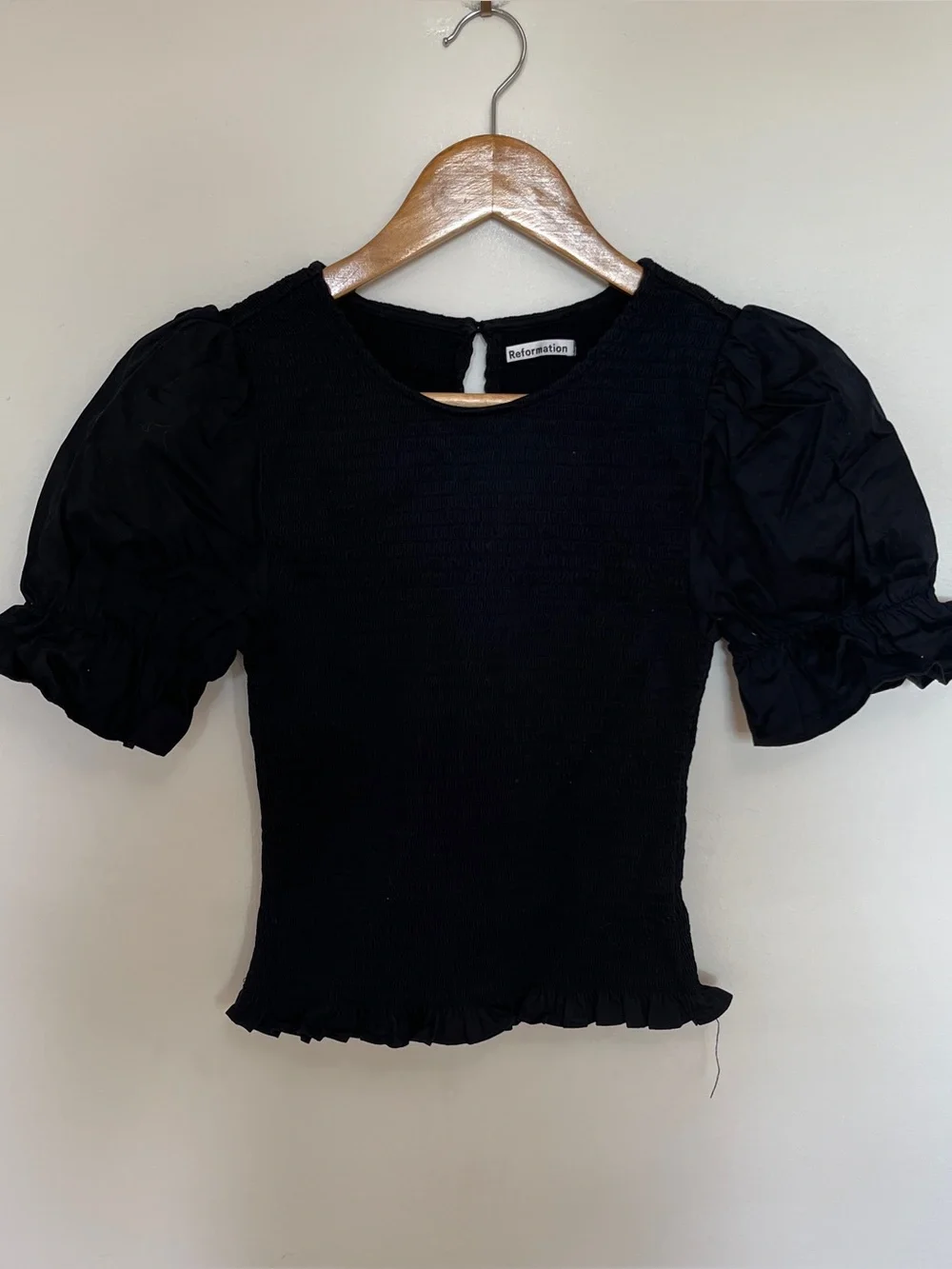Reformation Black Smocked Puff Sleeve Blouse Size XS
